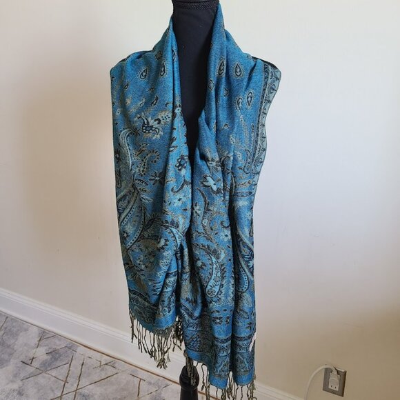 Pashmina Shawl Scarf Cashmere Silk Teal Blue Turquoise Black Paisley Wrap 68x26 - Picture 4 of 7